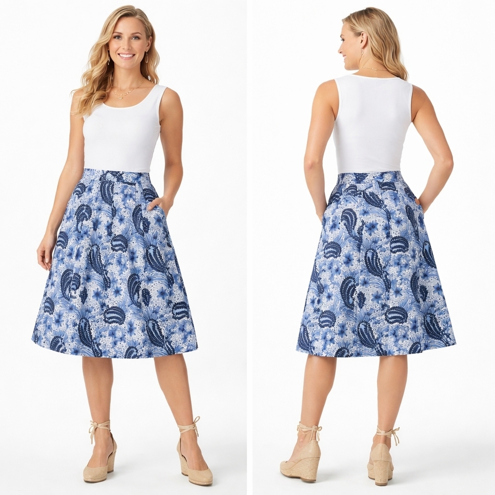 TALBOTS Skirt Womens Size 6 Blue White Floral Cottagecore